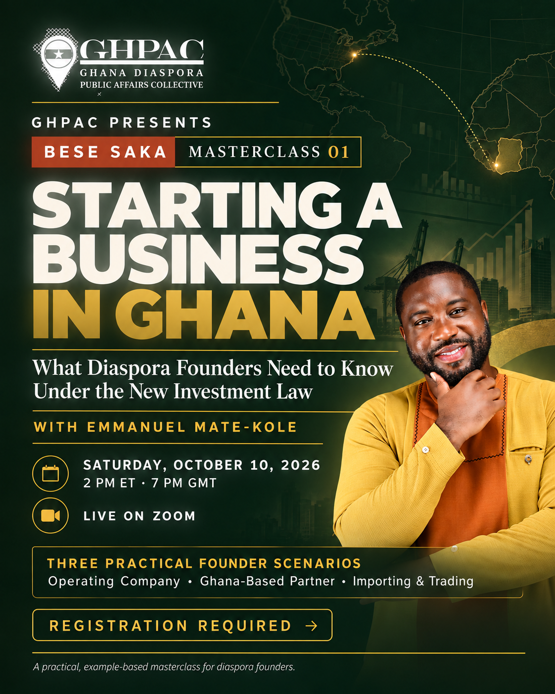 Emmanuel Mate-Kole, Managing Partner of M&O Law Consult and instructor for Bese Saka Masterclass 01, in a mustard and terracotta Ghanaian shirt